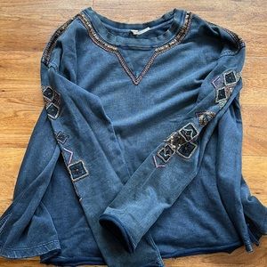 Free people dark blue sweater with beaded sleeve and trim